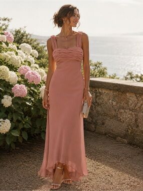 Talbots Silk Dusty Rose High-Low Ruched Bodice Maxi Dress